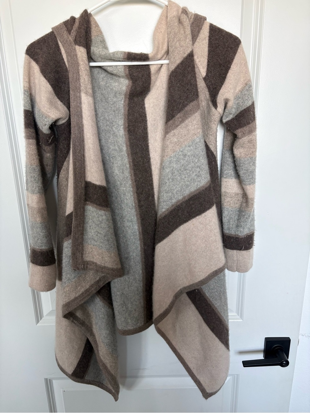 Cynthia Rowley Hooded Striped Draped Cardigan - Beige, Brown, Gray 100% Cashmere